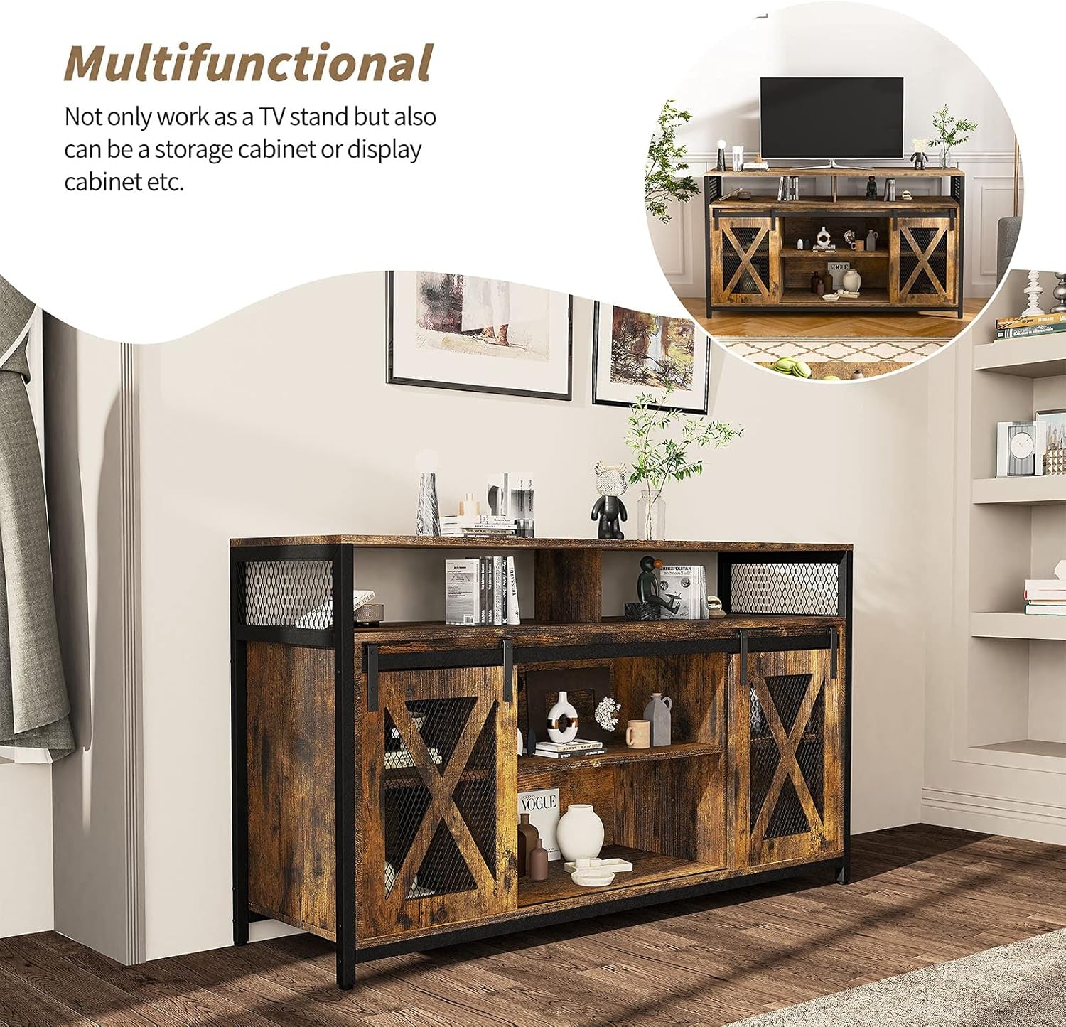 TV Stand with Sliding Barn Doors, Entertainment Center with Adjustable Storage Shelves, up to 65'', Rustic Brown