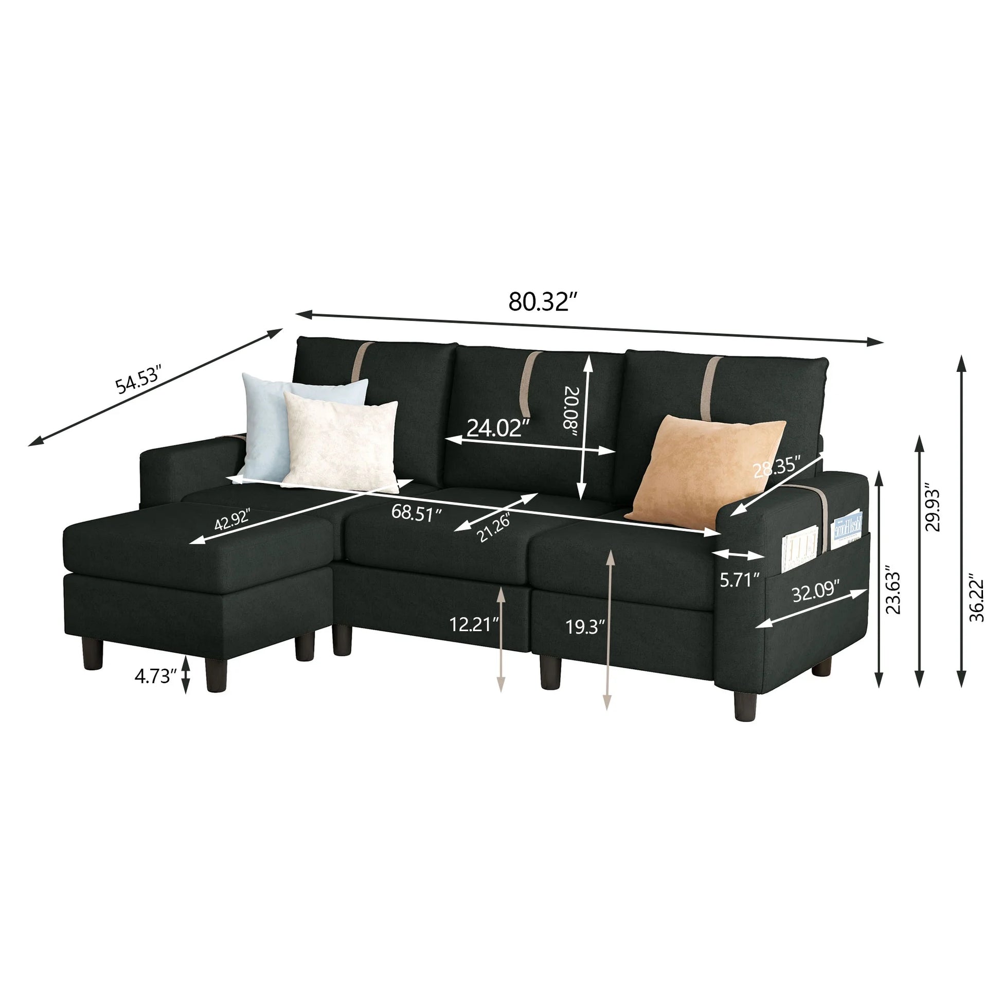 Sherpa Sectional Sofa with Footstool, Black