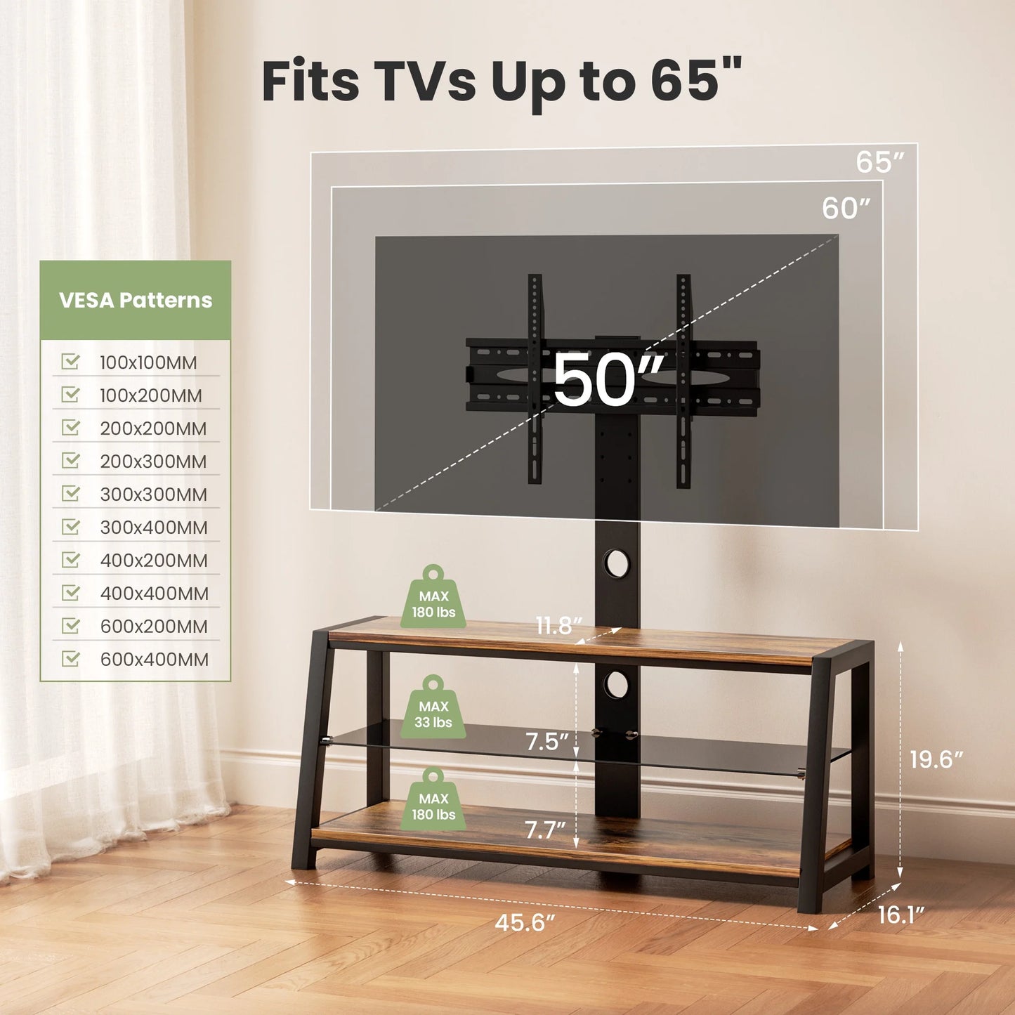 Swivel TV Stand with Mount, Wood Floor TV Stand for 65" TV Bedroom