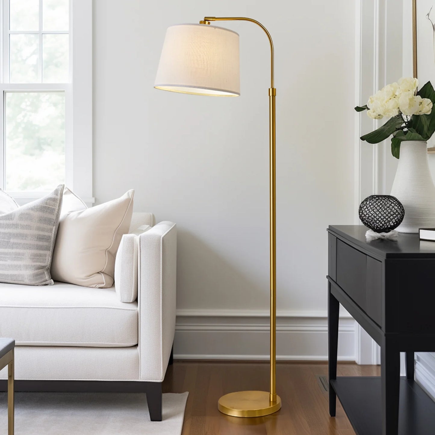 Arc Gold Mid-Century Floor Lamp, Modern Metal Standing Lamp, 62.5" Foot Switch Lighting