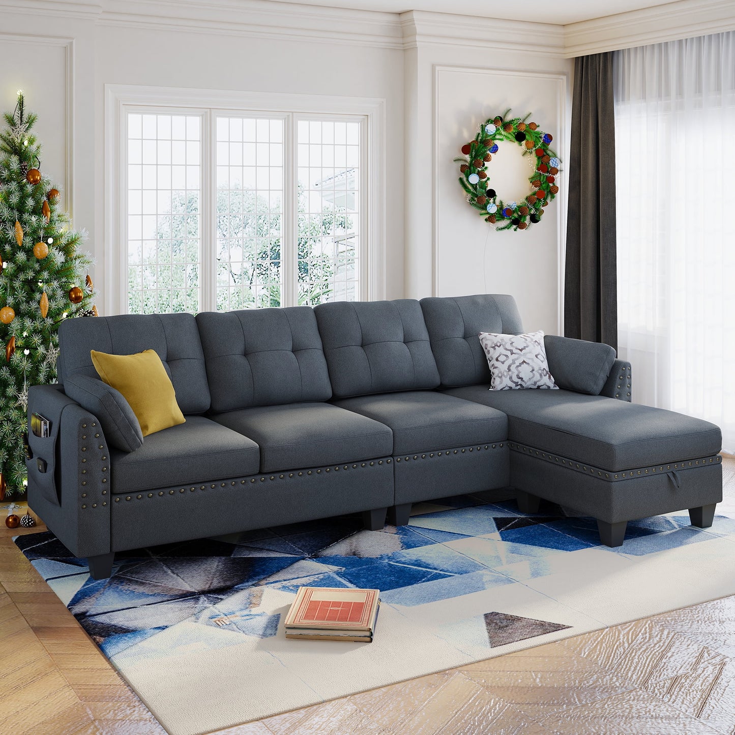 Convertible Sectional Sofa Couch L-Shape Couch with Reversible Chaise 4 Seat Sofa, Bluish Grey