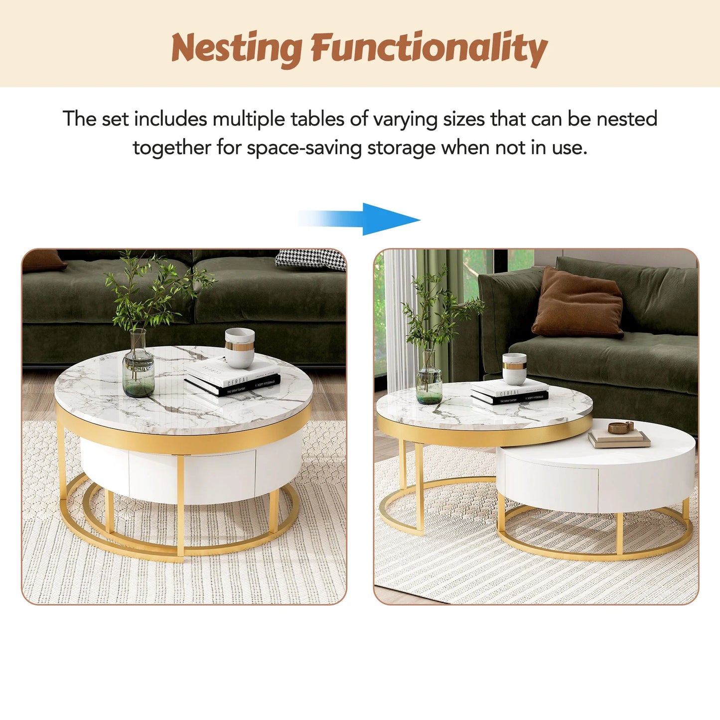 2pc Gold Nesting Coffee Table Set - Storage Drawers