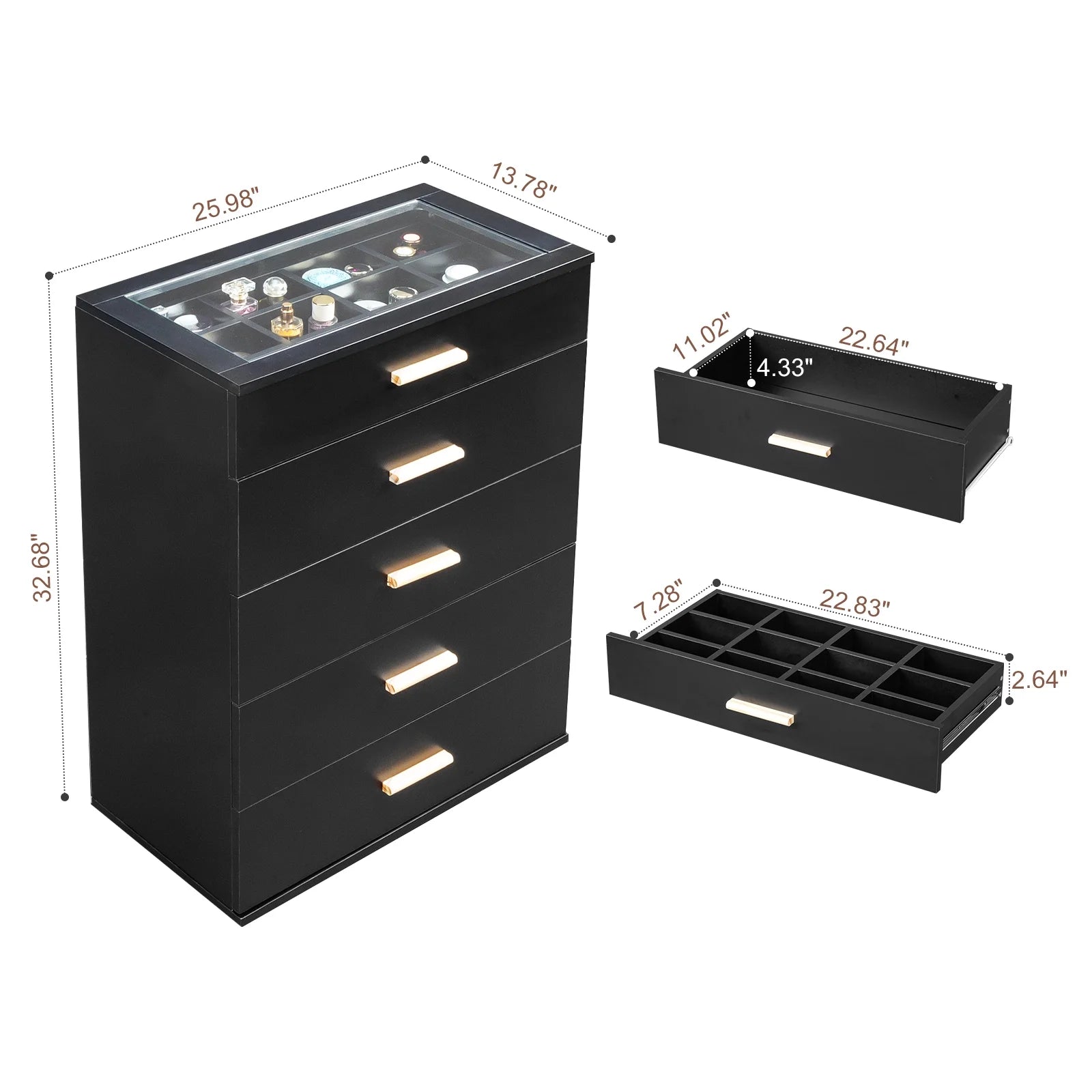 Black Chest with LED Lights, 5 Drawer with Tempered Glass Top, Grid Drawer