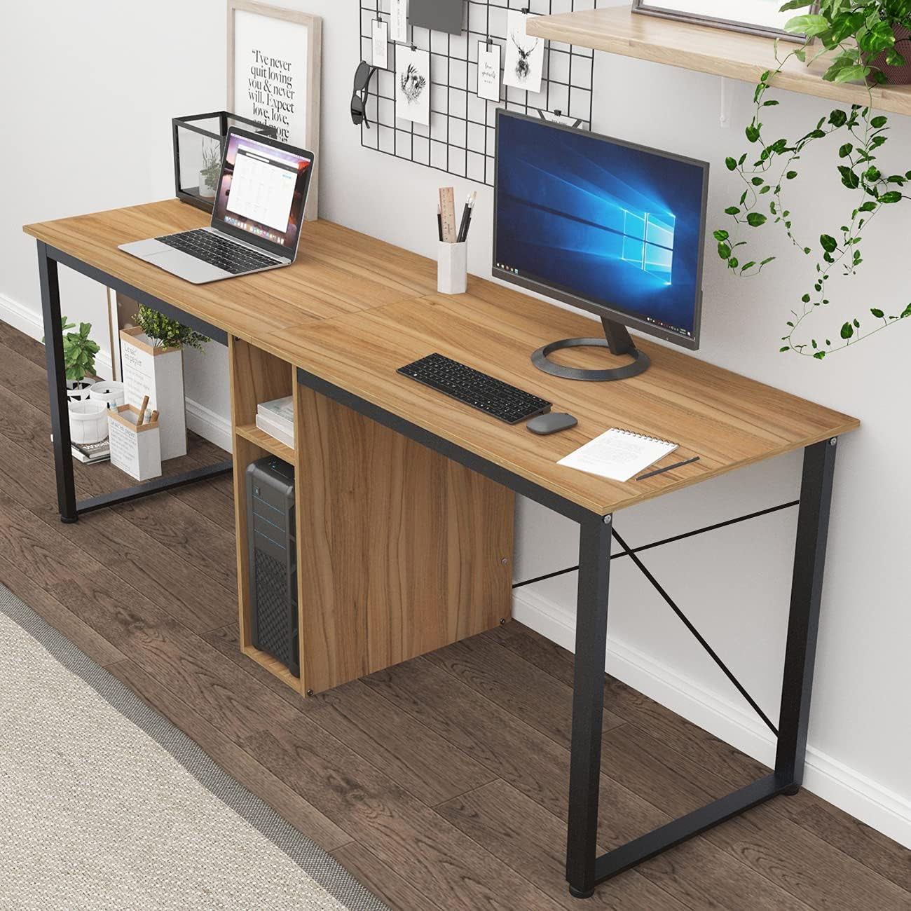 2 Person Desk, 78 Inch Large Dual Desk with Storage Cube, Long Computer Desk for 2 Person, Oak