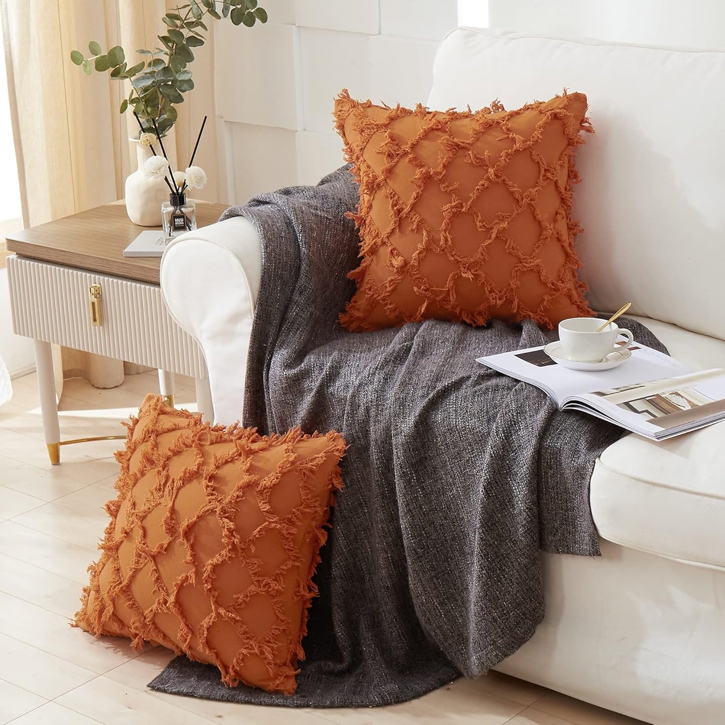 Burnt Orange Throw Pillow Covers, Set of 2 Decorative Tan 18” X 18” Square Cotton Linen Pillowcases with Zipper No Inserts 18“ X 18”