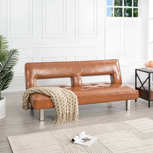 Modern Convertible Futon Sofa Bed with Chrome Metal Legs, European Style Reclining Futon Sofa, Faux Leather, Caramel