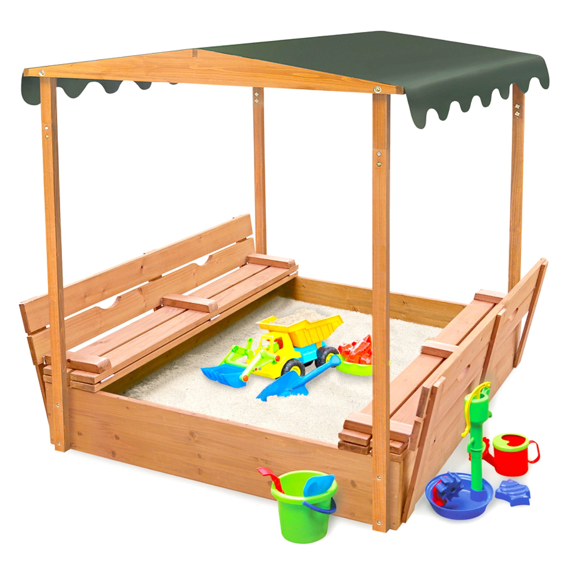 Covered Convertible Cedar Sandbox with Canopy and Two Bench Seats