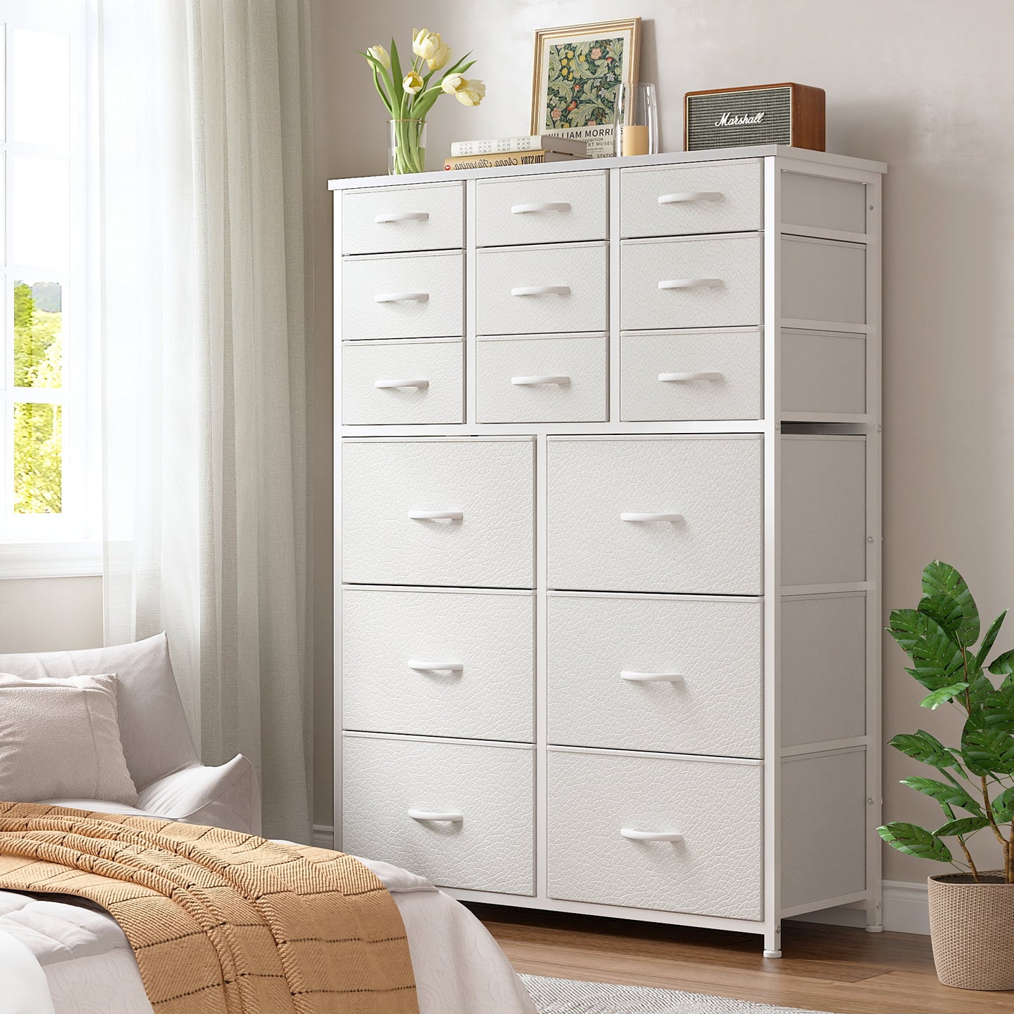 15 Drawer White Dresser, Tall Dressers with 15 Drawers, with Wood Top and Metal Frame, White