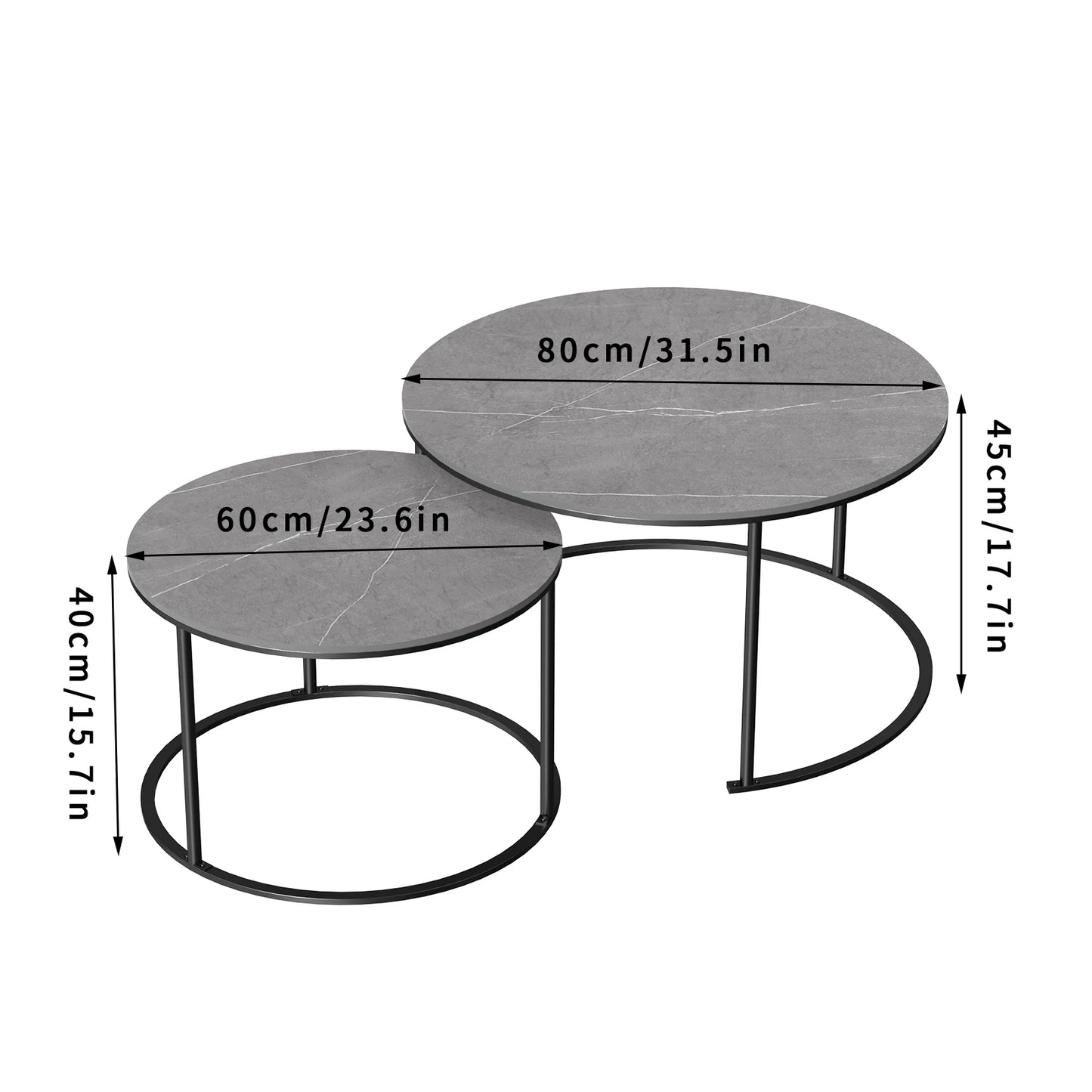 Modern Nesting round Grey Marble Top Coffee Table, Metal Legs