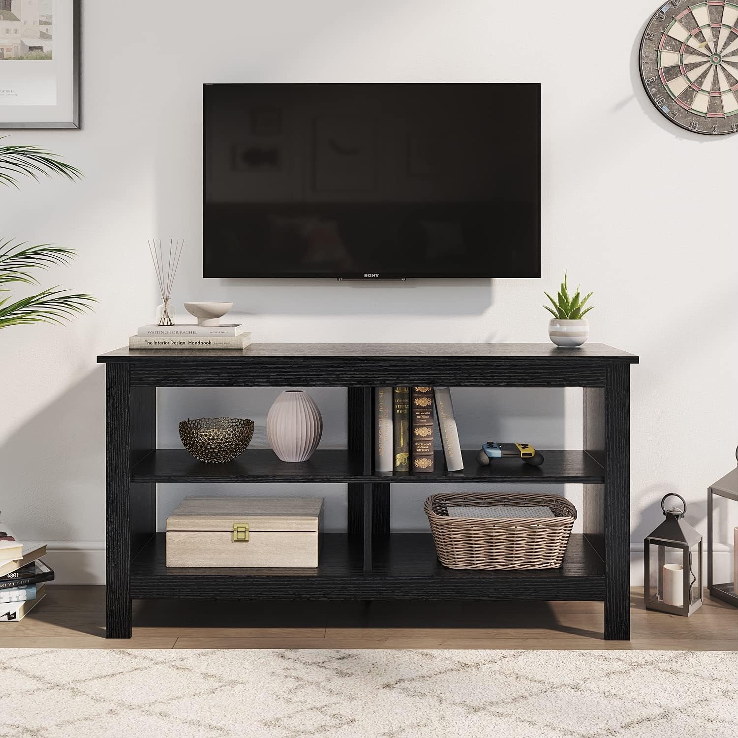 Black TV Stand for 50 Inch TV, Storage Shelves, Entertainment Center, Media Console