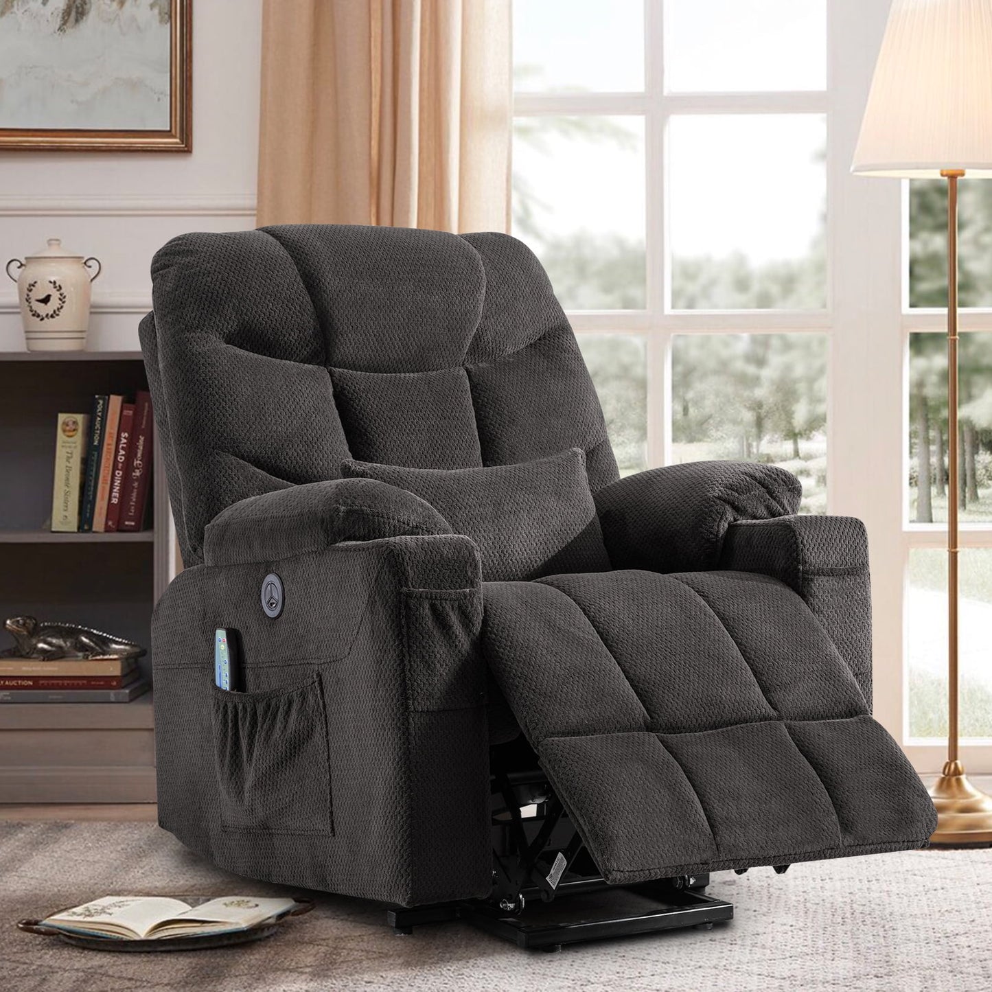 Power Lift Recliner Chairs Velvet Electric Vibration Massage Heat Remote Control USB Port Dark Gray