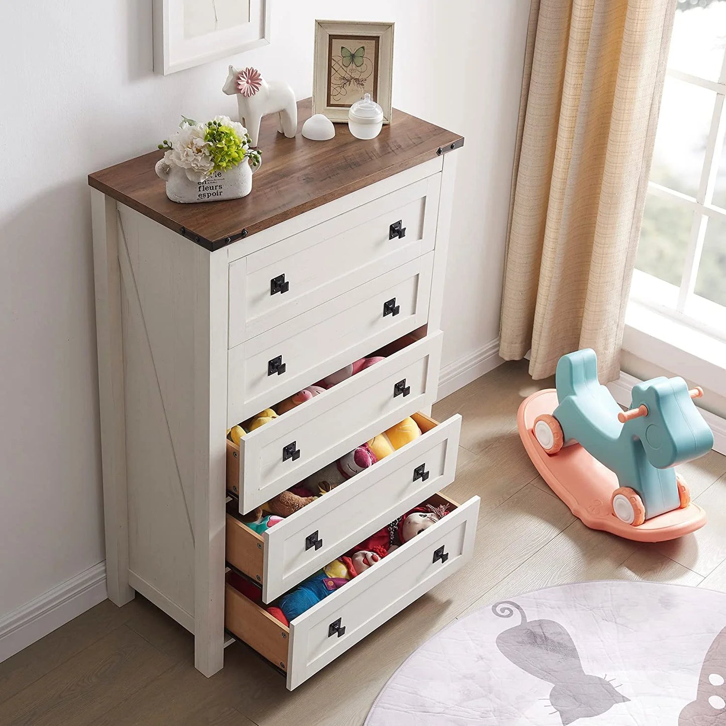 5 Drawers Dresser Chests, Farmhouse Wood Rustic Tall Chest of Drawers, Pull Storage Cabinet, off White