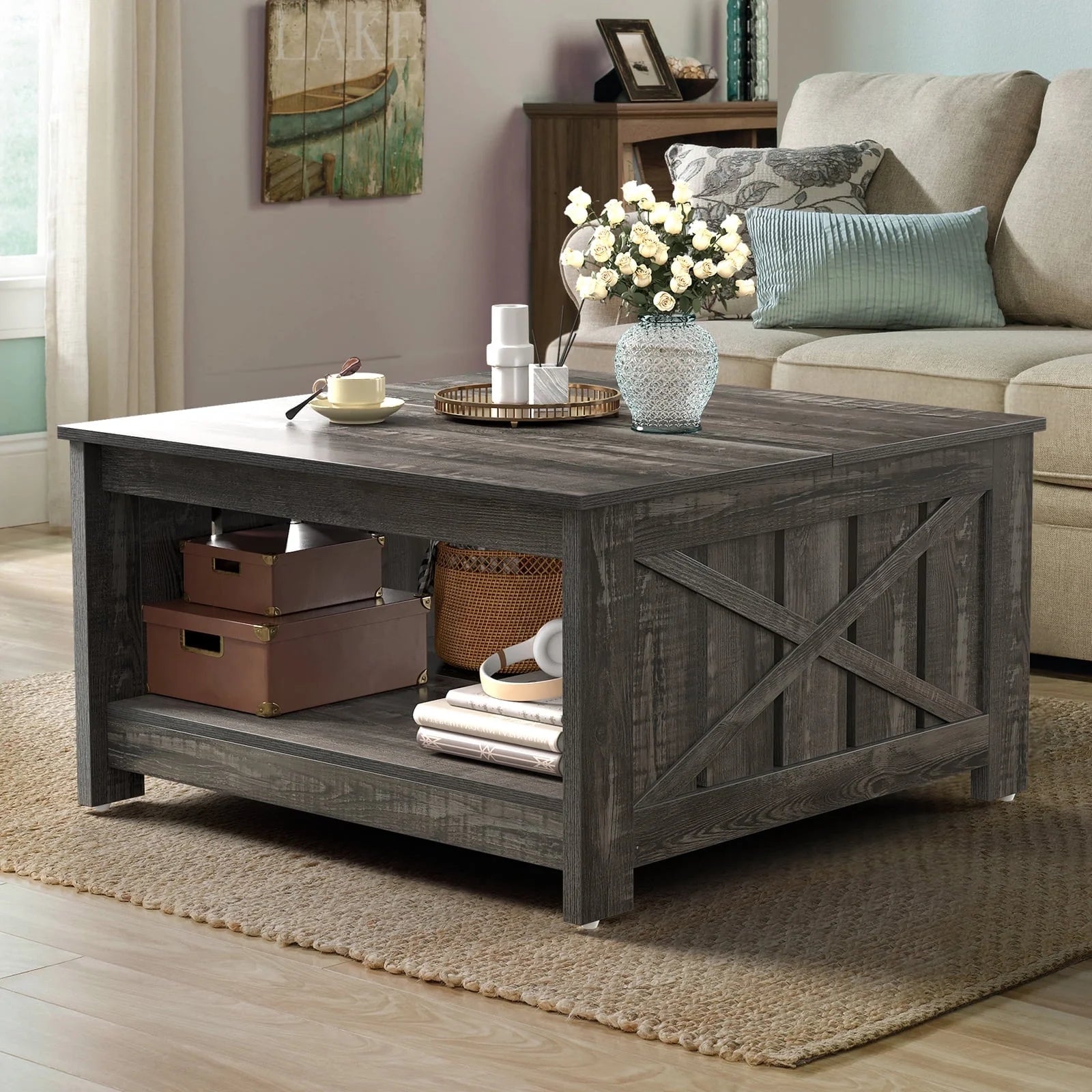 Coffee Table, Square Coffee Table with Half Open Storage Compartment, Rustic Gray