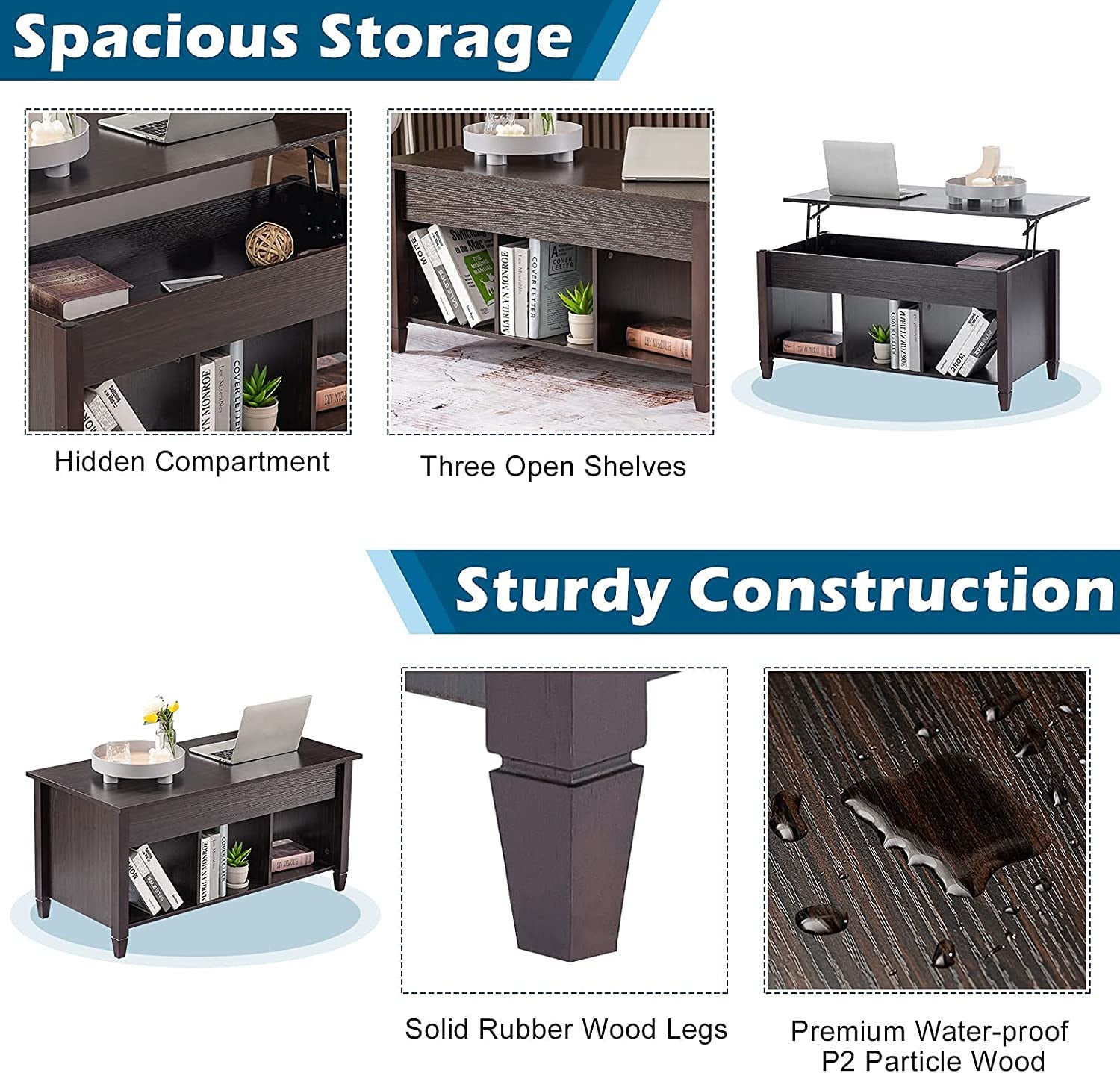 Lift Top Coffee Table,  Lift Top with Hidden Compartment/3 Open Shelves