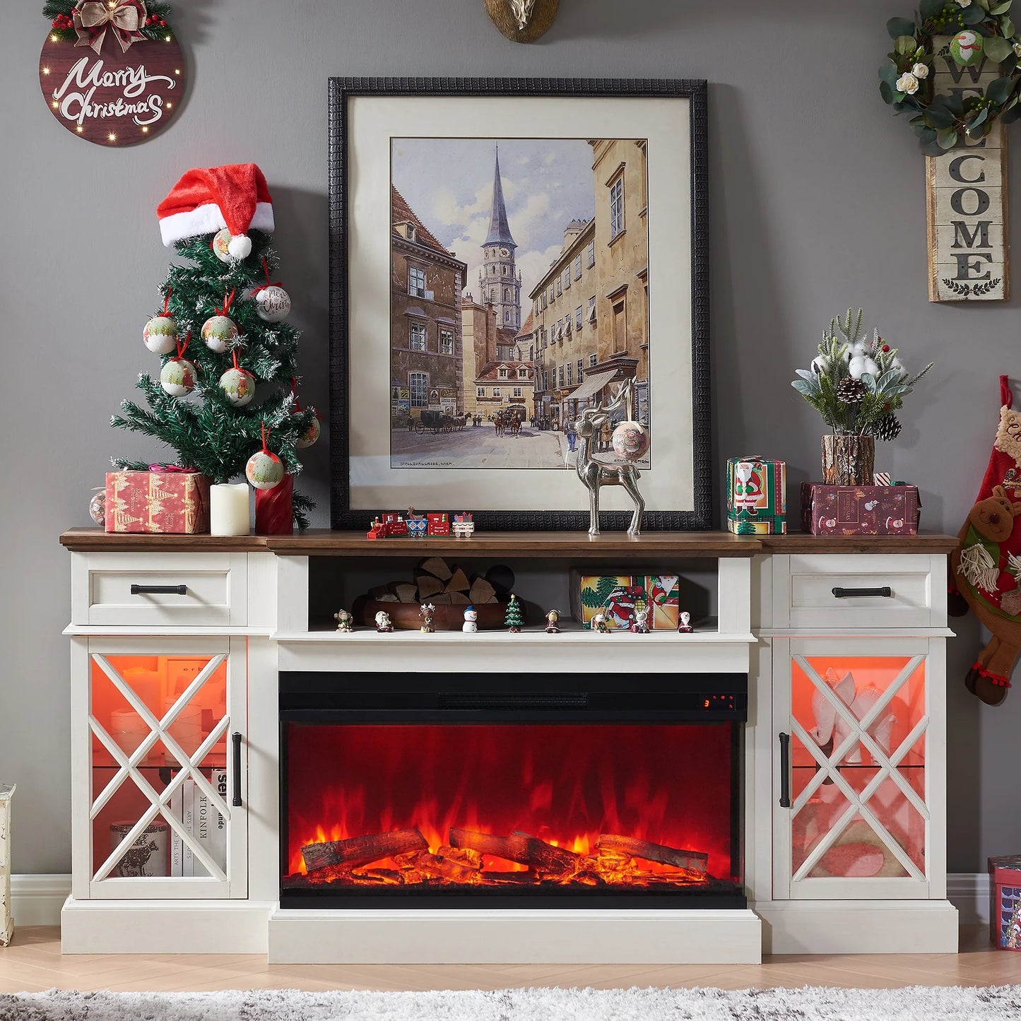 3-Sided Glass Farmhouse 70" Fireplace TV Stand for Tvs up to 80", with 36" Electric Fireplace, Antique White