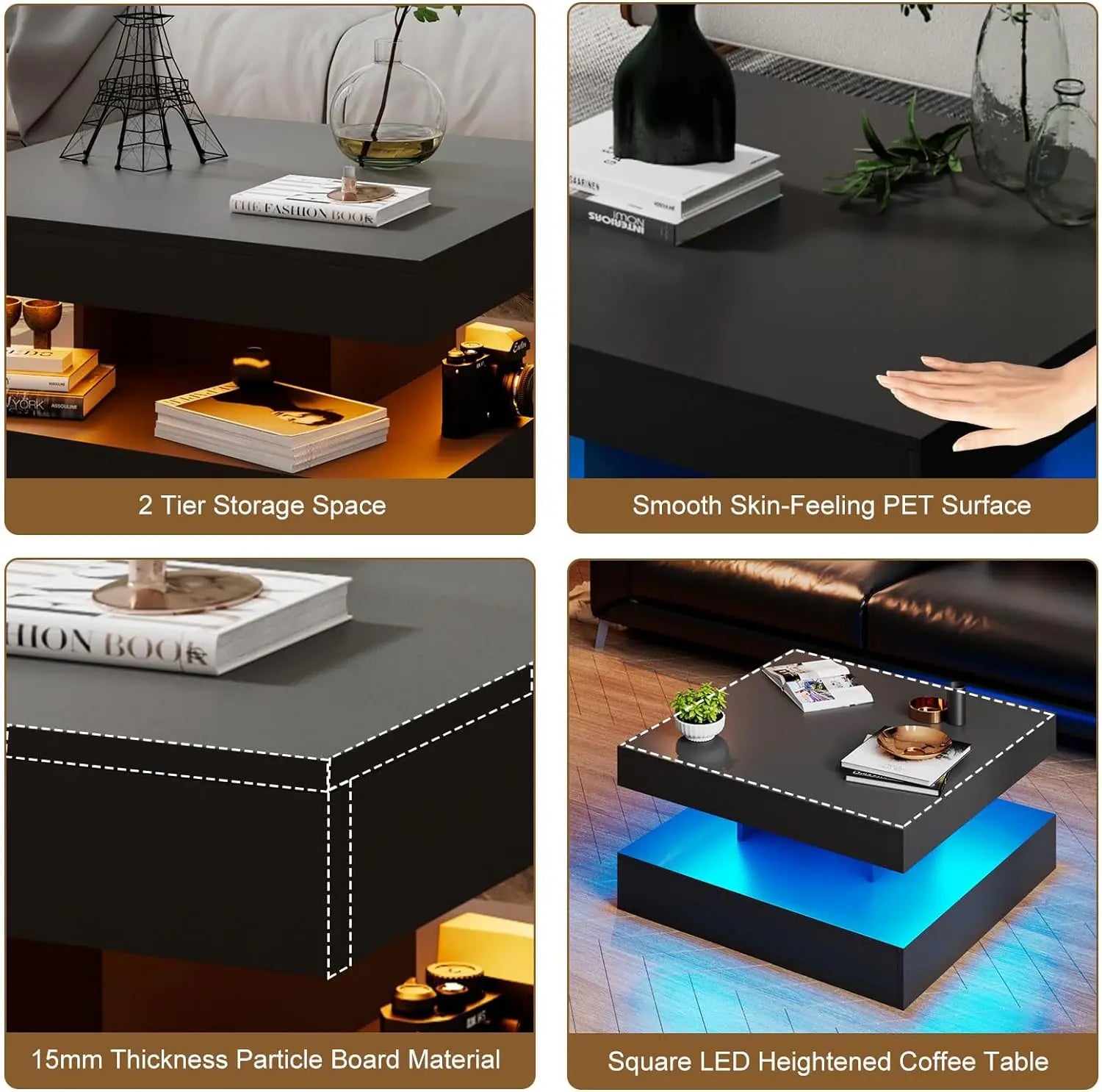 LED Coffee Table with Storage, Modern Smart Tall Square Center Table 2 Tier Display Shelf 20 Colors Light Wood