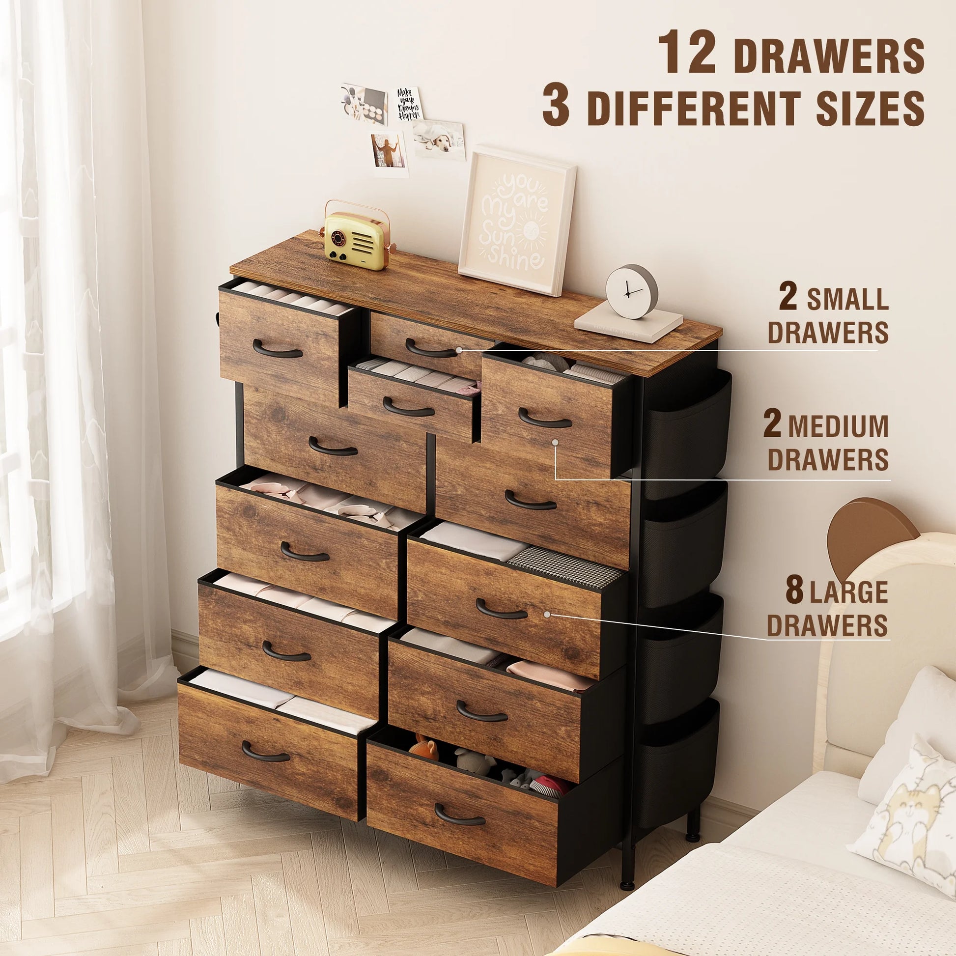 Chest, with 12 Drawer Tall Dresser, 12 Drawers, Fabric Storage, Rustic Brown