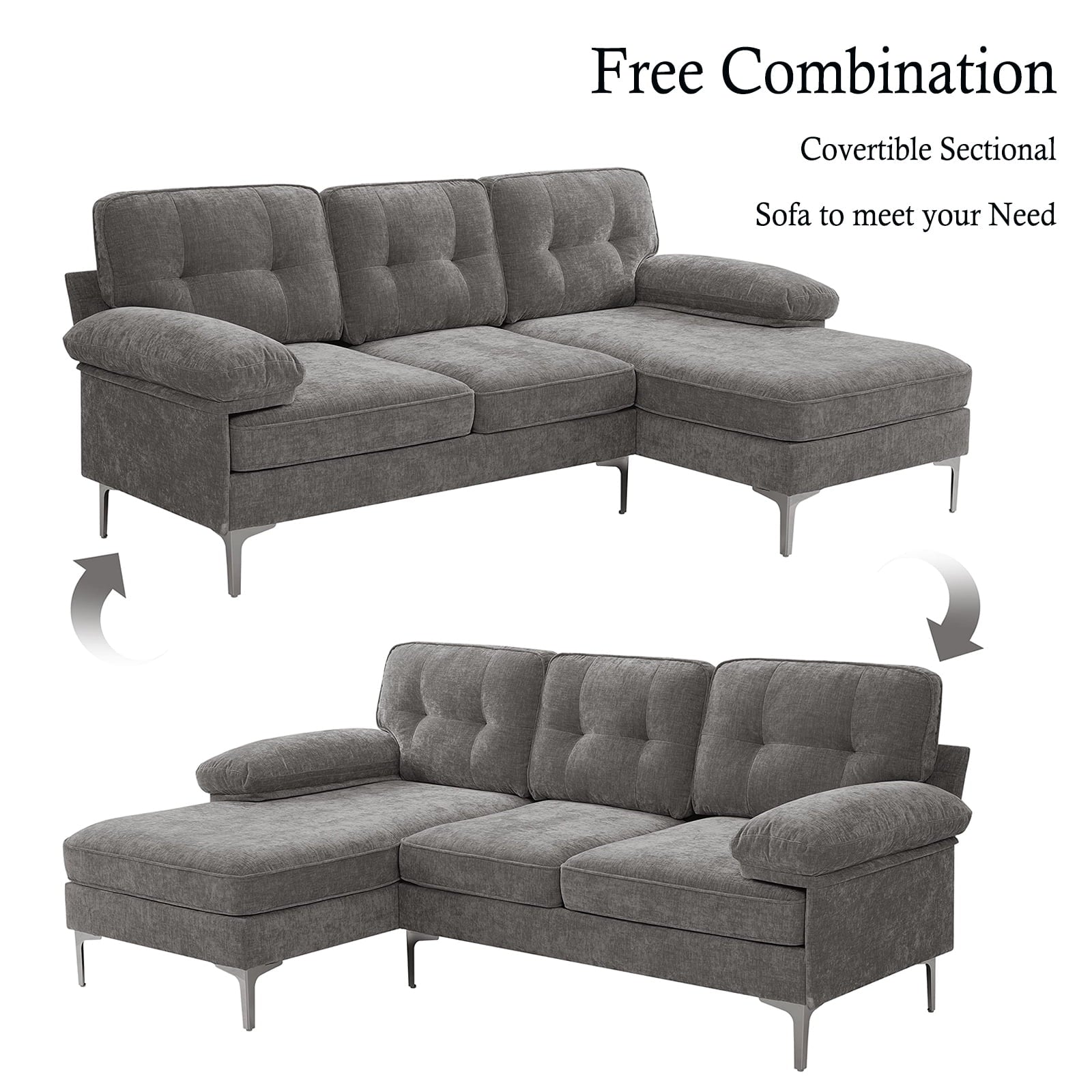 Convertible Sectional Sofa Couch, Convertible L Shaped Couch with Reversible Chaise, 3 Seater, Gray