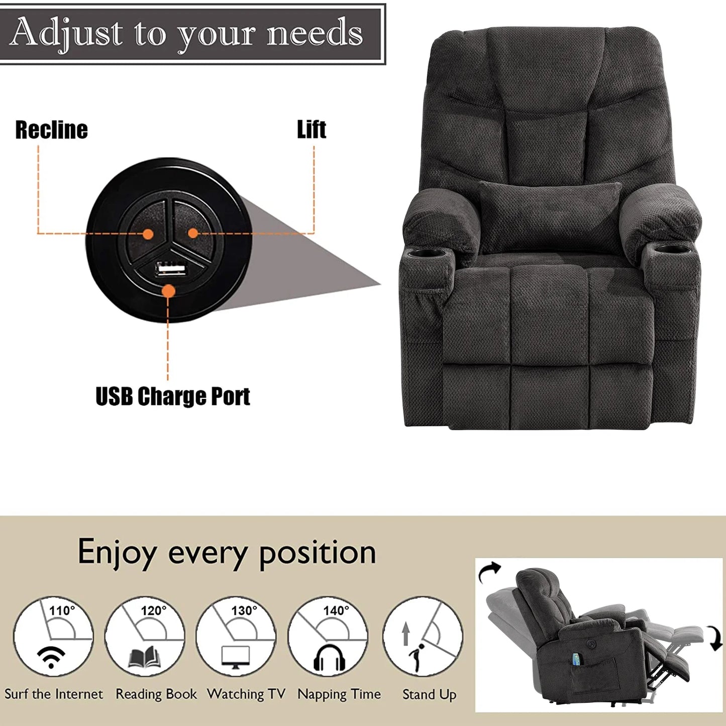 Power Lift Recliner Chairs Velvet Electric Vibration Massage Heat Remote Control USB Port Dark Gray