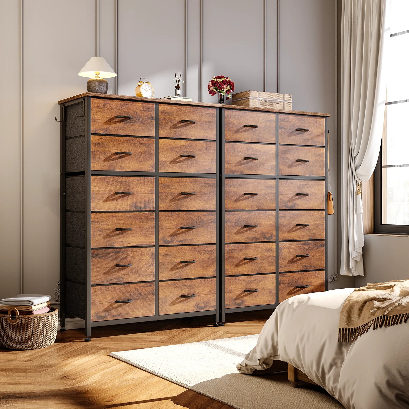 12 Drawer Chest, Tall Dresser, Steel Frame and Wooden Top Brown