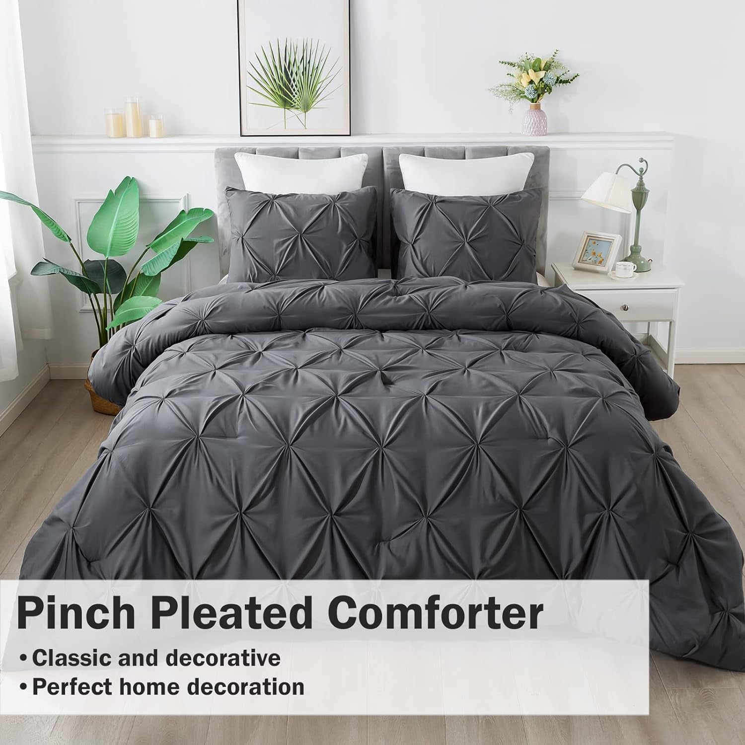 Dark Grey King Size Comforter Set, 3 Piece Gray Pinch Pleat Fluffy Lightweight Bedding Set