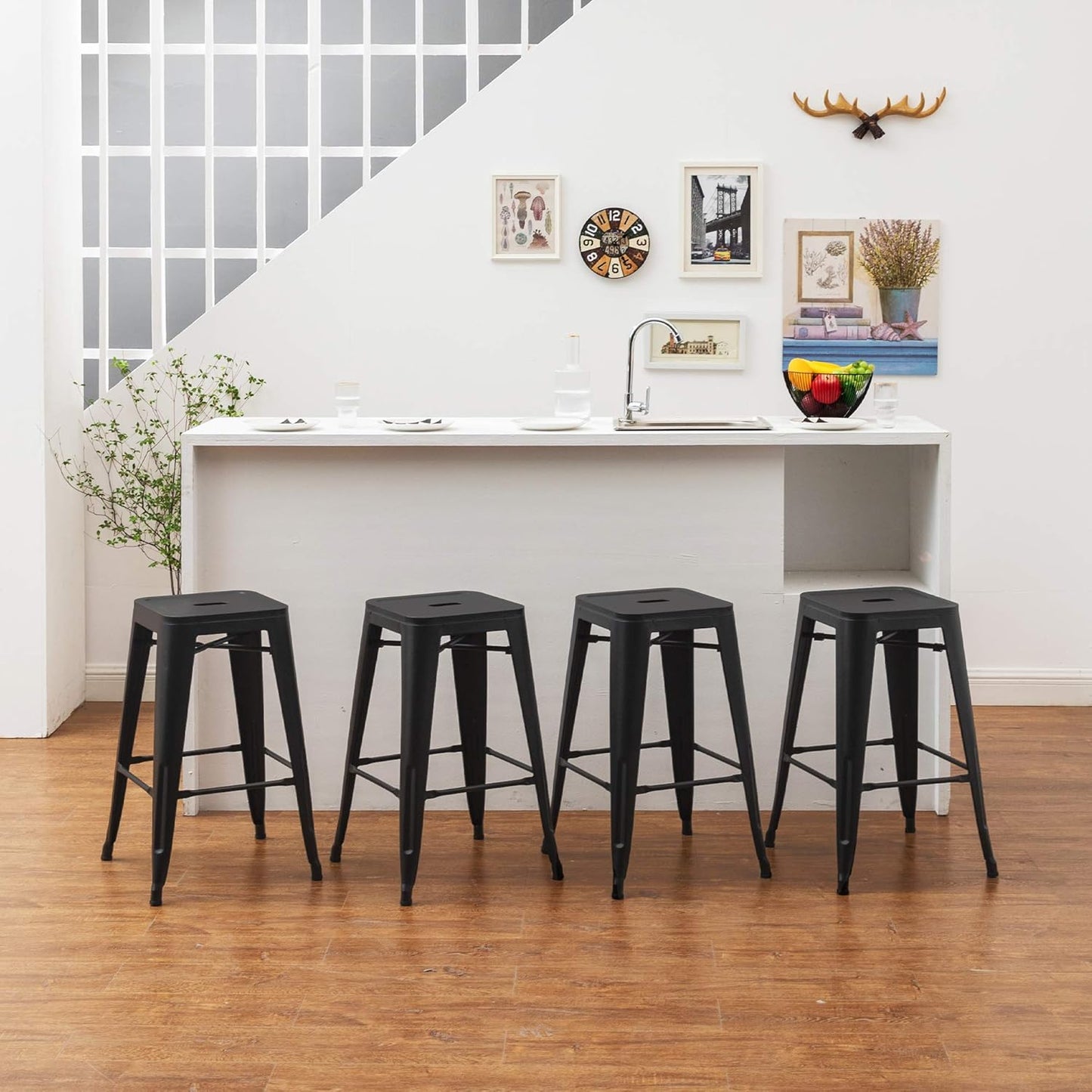 24 Inch Metal Bar Stools Set of 4 Counter Stools with Backs Counter Height Stools Backless Bar Chairs Stackable Kitchen Stools Matte Black