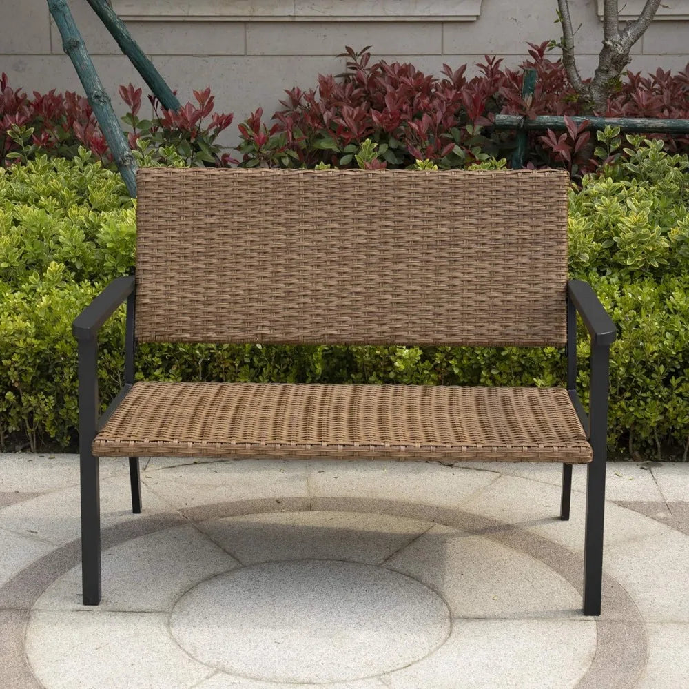 Outdoor Patio Bench Chair, Metal Frame, Natural All Weather Wicker Patio Benches