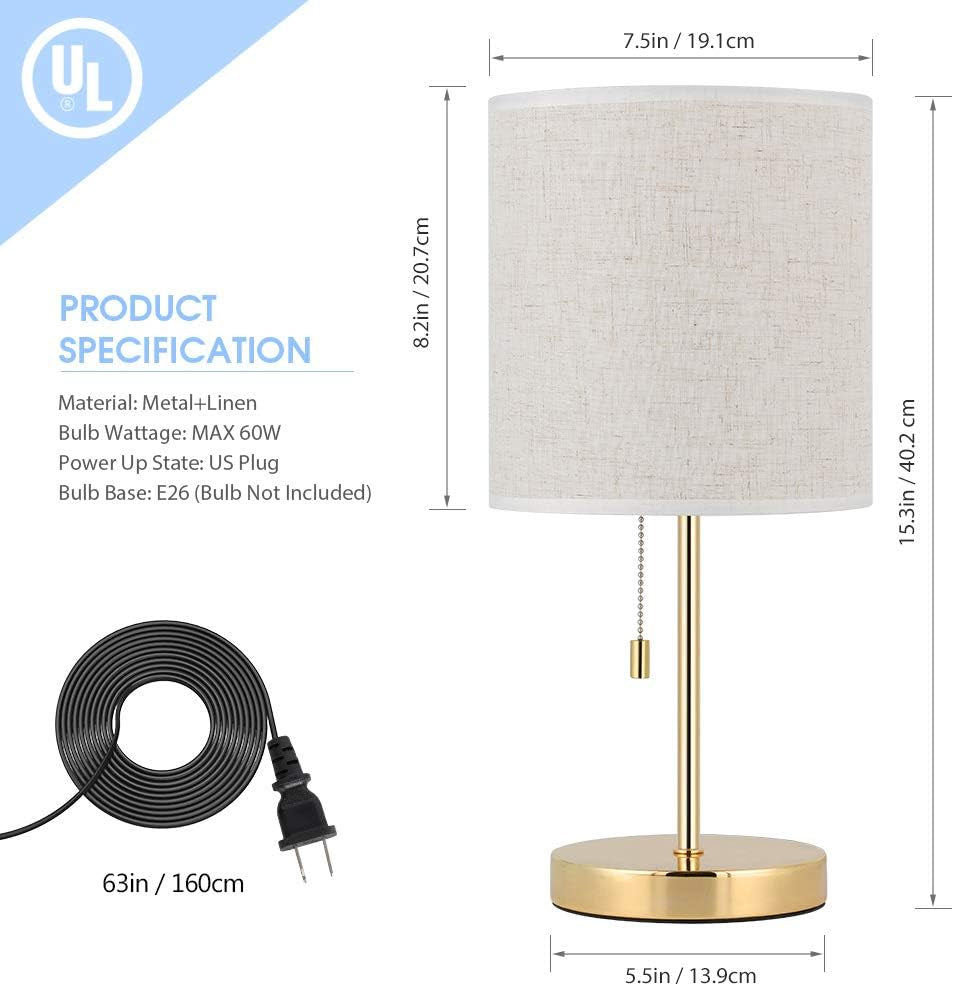 Table Lamp, Gold Nightstand Lamp, Metal Table Lamp with Linen Shade